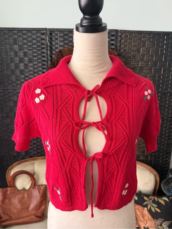 Hazel Moon Sweaters - ❤️ Hazel Moon Floral Tie Front Cardigan Sweater Cottagecore Coquette Red XS